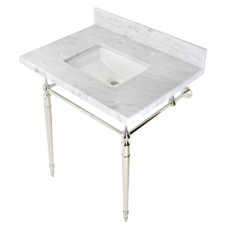 Fauceture KVPB3022M8SQ6 30" Console Sink with Brass Legs (8-Inch, 3 Hole), Marble White/Polished Nickel KVPB3022M8SQ6